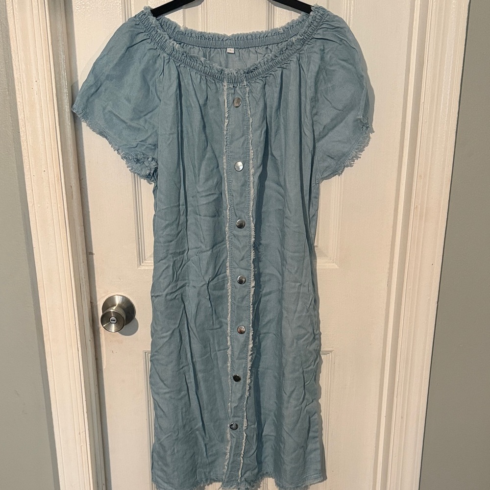 Light Blue Off-Shoulder Button-Front Women’s Dress